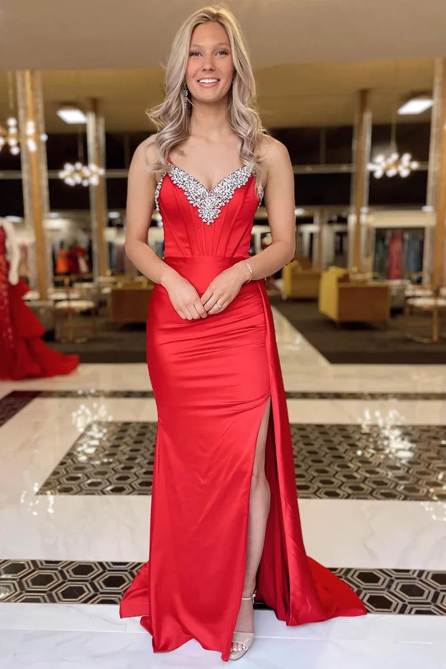 Black Rhinestone V-Neck Long Formal Dress with Attached Train TP1262