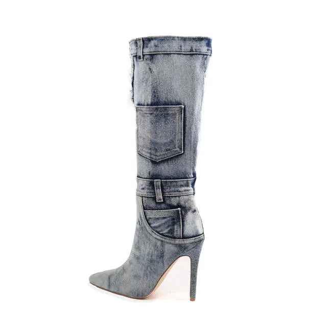 Denim Mid Calf Pointed Toe Boots Scandalous-15 Liliana